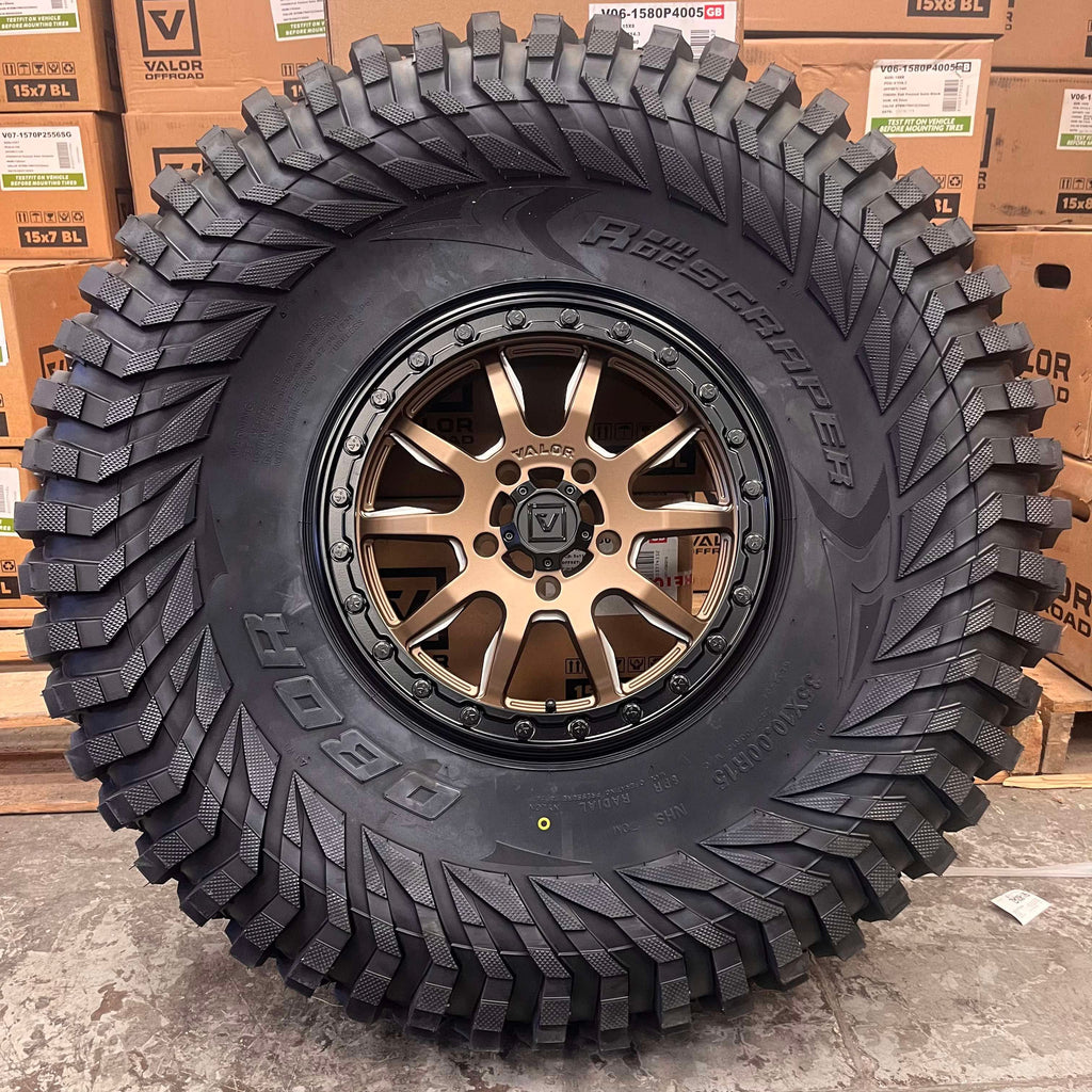 Valor V15 Bronze Beadlock Wheels + Obor Roc Scraper Tires (Mounted Kit) – Fits UTVs with 5/4.5 Bolt Pattern