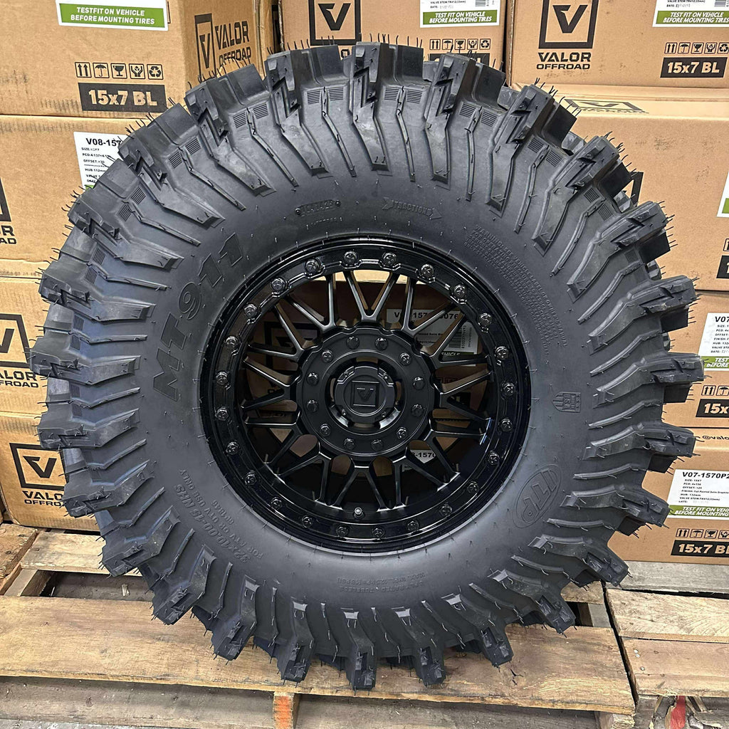 Valor Offroad V08 Satin Black Beadlocks on ITP MT911 Mud Tires – Mounted UTV Kit