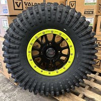 System 3 SB5 Beadlocks 4/156 Matte Black w/ Custom Lime Squeeze rings mounted on Maxxis Roxxzillas
