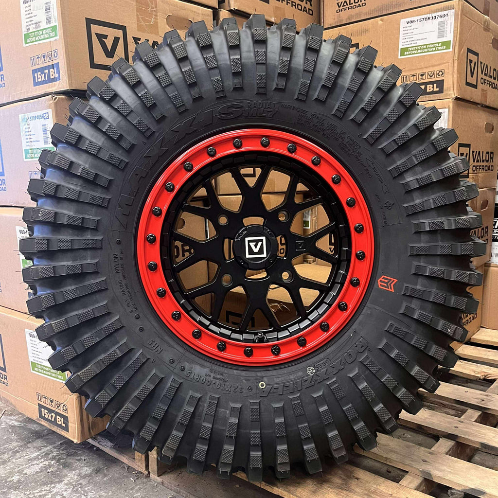 Valor V07 Satin Black w/ Red Rings Beadlock  + Maxxis Roxxzilla Tires (Mounted Kit) – 15x7 | 4/156 Bolt Pattern | Rock-Ready Combo