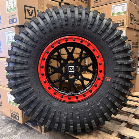 Valor V07 Satin Black w/ Red Rings Beadlock  + Maxxis Roxxzilla Tires (Mounted Kit) – 15x7 | 4/156 Bolt Pattern | Rock-Ready Combo