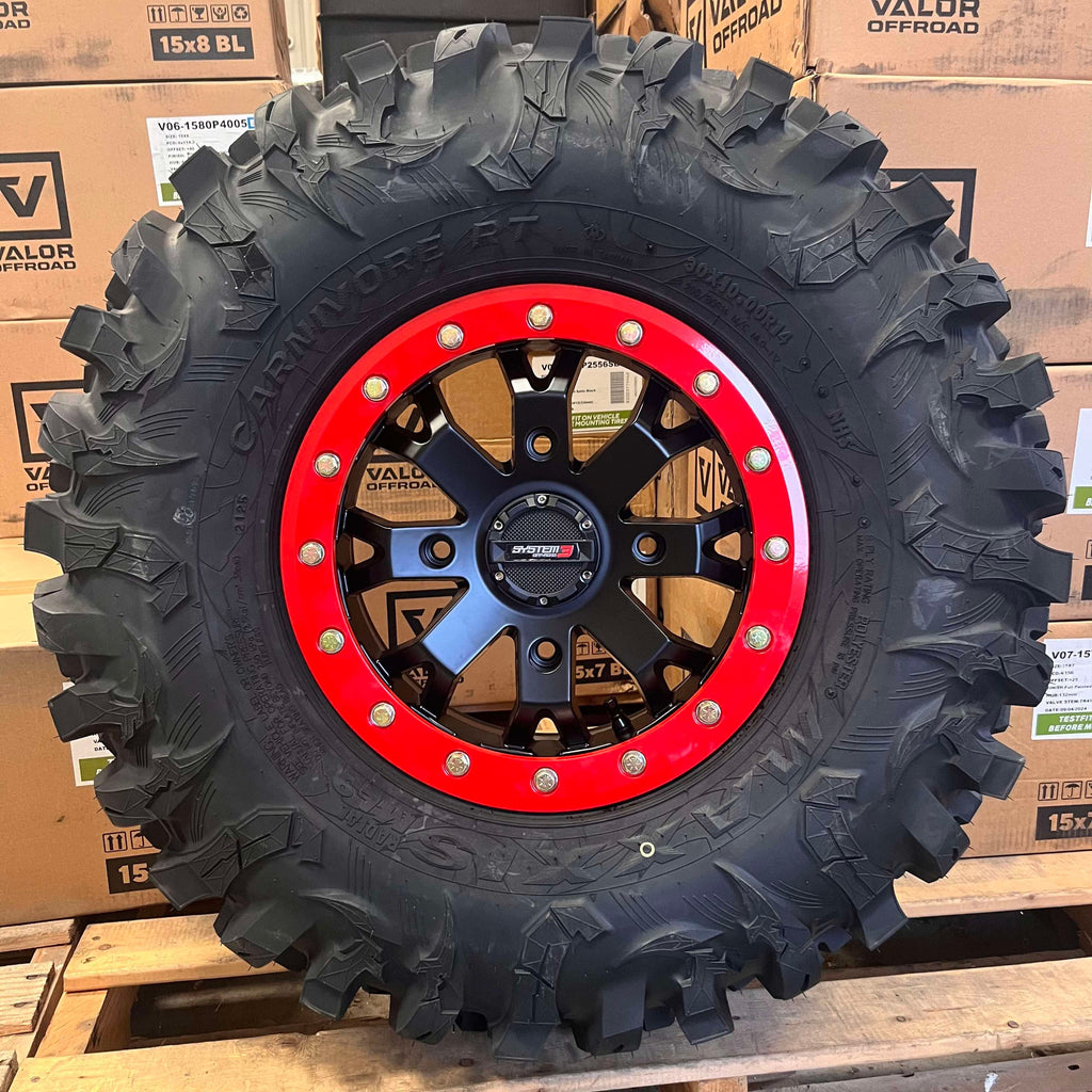 System 3 SB4 Beadlocks W/ Red rings mounted on Maxxis Carnivore RT Tires