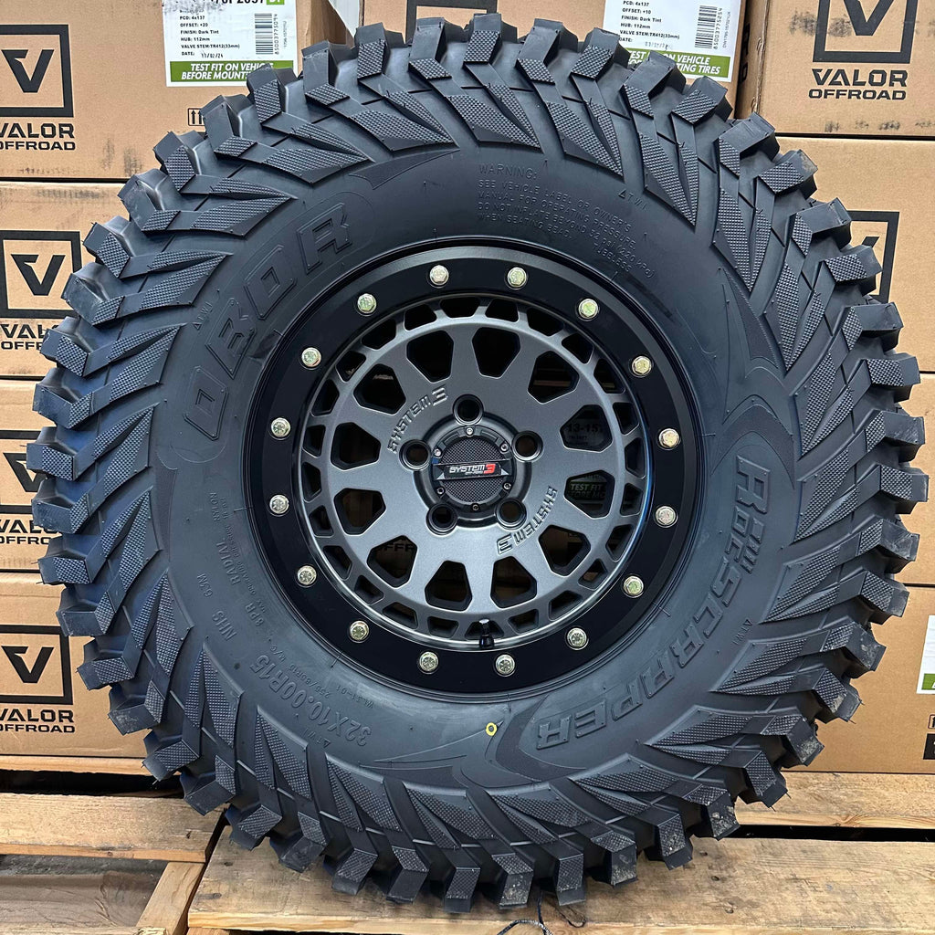 System 3 Gunmetal Grey SB6 beadlocks mounted on Obor Roc Scrapers Set of (4)