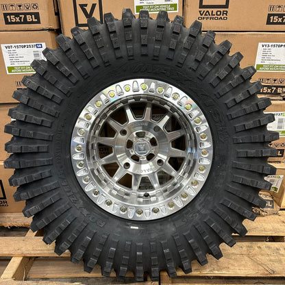 Valor V09 Raw Machined Beadlock 15x10 Mounted on Maxxis Roxxzillas | 4/137 Bolt Pattern