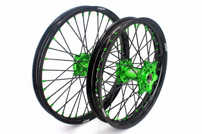 KKE 1.6*21 & 2.15*18 Wheels Rims Fit Kawasaki KX450 2019-2025 KX450X 2021-2025 Green Nipples & Black Spokes