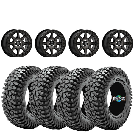 Valor V13 Dark Tint Beadlock Wheels + Vision Rock Poison tires (Mounted Kit) – Fits UTVs with 5/4.5 Bolt Pattern