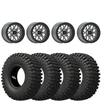 Valor Offroad V07 Beadlock Wheels (Satin Graphite, 5+2 Offset) on EFX MotoCrusher Tires – 4/137 UTV Wheel & Tire Kit