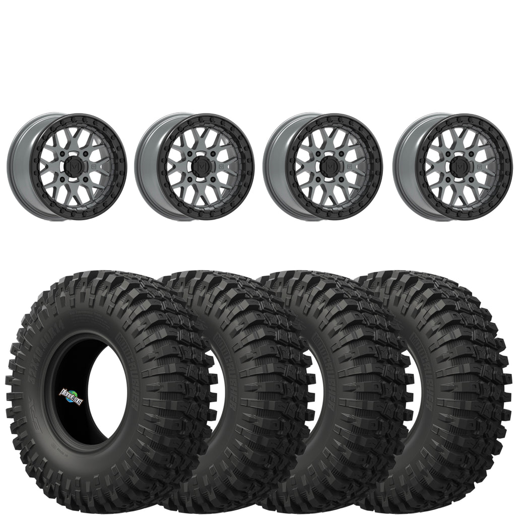 Valor Offroad V07 Beadlock Wheels (Satin Graphite, 5+2 Offset) on EFX MotoCrusher Tires – 4/156 UTV Wheel & Tire Kit