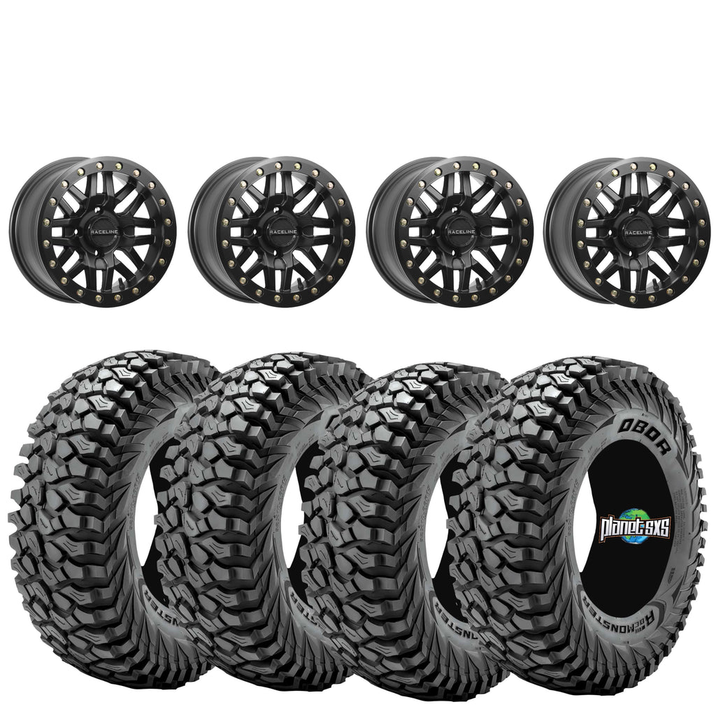 Raceline Ryno 15x10 beadlock Satin Black 4/156 5+5 mounted on Obor Roc Scrapers