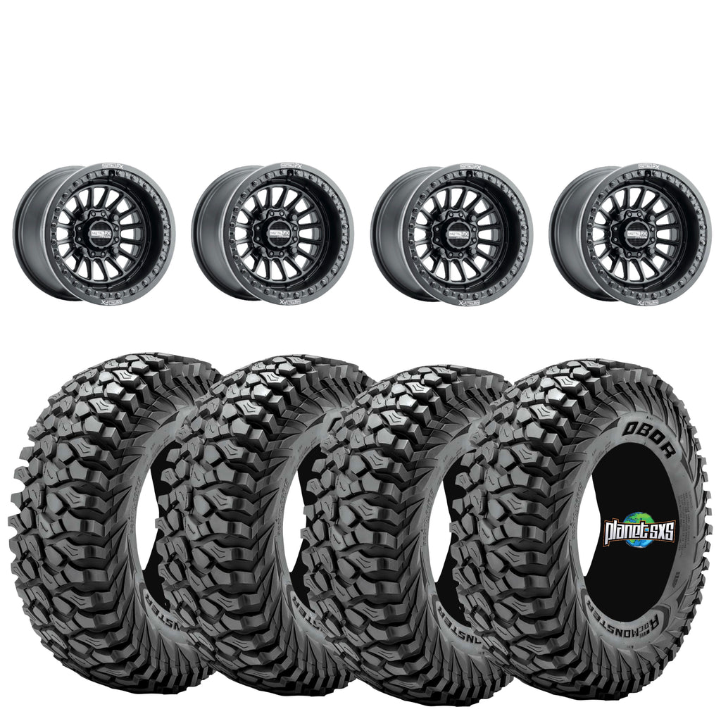 Metal FX Delta beadlock 15x10 Satin Black 4/156 mounted on Journey Rock Poison tires