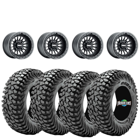 Metal FX Delta beadlock 15x10 Satin Black 4/156 mounted on Journey Rock Poison tires
