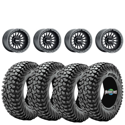 Metal FX Delta beadlock 15x10 Satin Black 4/137 mounted on Journey Rock Poison tires