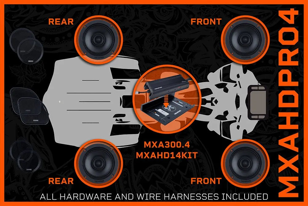 Harley Davidson 4-Speaker Direct Fit OEM Kit W/ Amplifier, Mount &amp; Harness