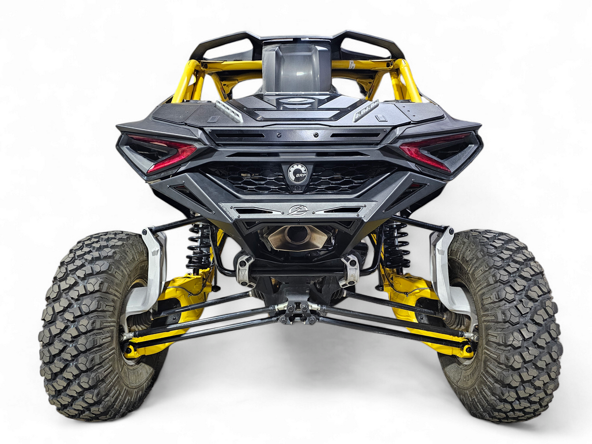 Direct rear view of Can-Am Maverick R 2-Door showing Rear Volt Bumper full width fitment, symmetrical steel design, and backup camera relocation slot