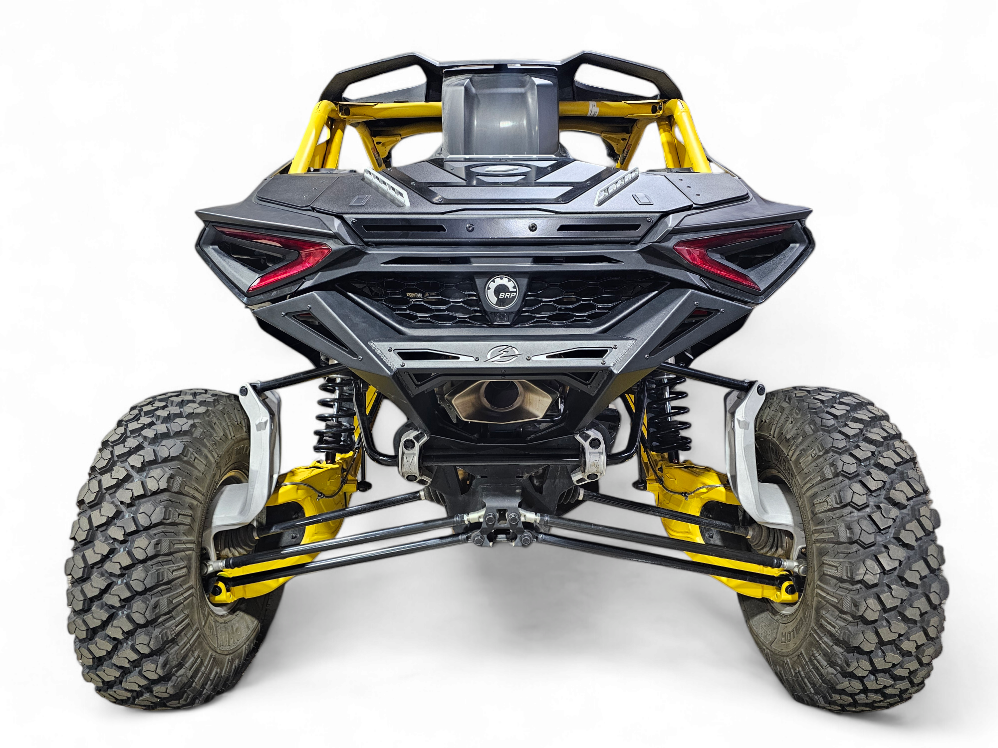 Direct rear view of Can-Am Maverick R 2-Door showing Rear Volt Bumper full width fitment, symmetrical steel design, and backup camera relocation slot