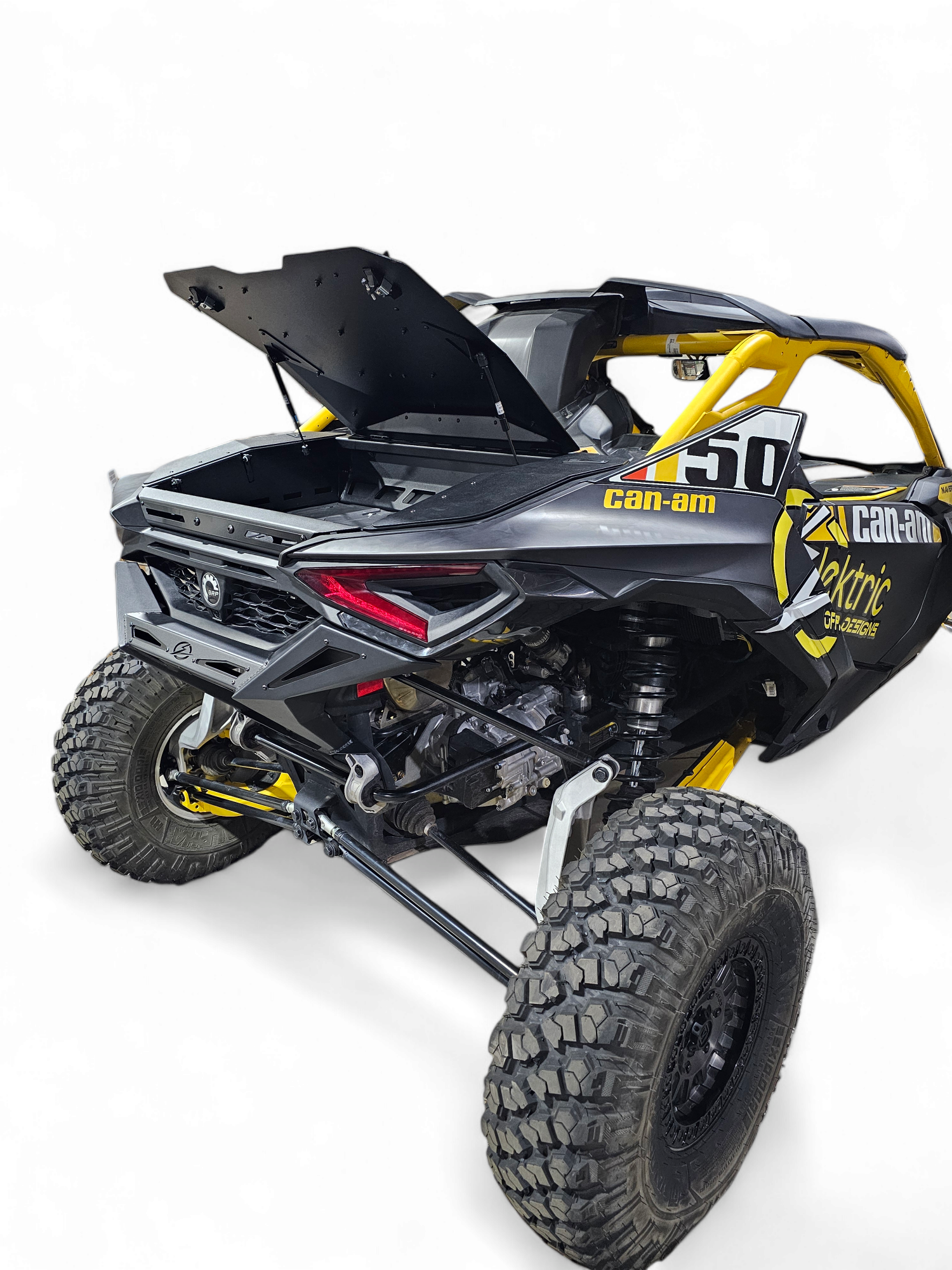 Bolt-on mounting point detail on Can-Am Maverick R 2-Door Rear Volt Bumper showing factory attachment locations and included hardware