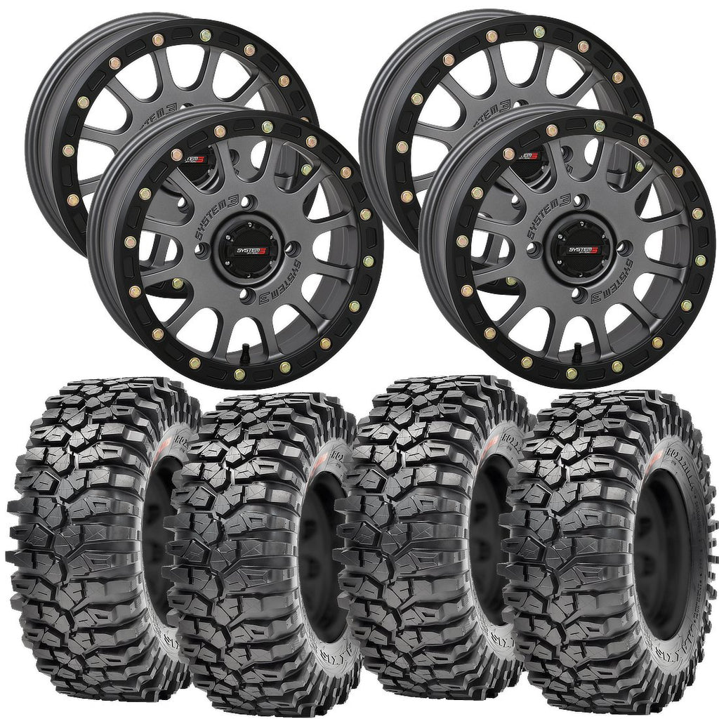 System 3 SB5 Beadlock Wheels Gunmetal Grey Mounted on Maxxis Roxxzilla Tires 4/156 Bolt Pattern – UTV Kit | PlanetSXS