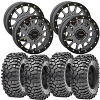 System 3 SB5 Beadlock Wheels Gunmetal Grey Mounted on Maxxis Roxxzilla Tires 4/156 Bolt Pattern – UTV Kit | PlanetSXS