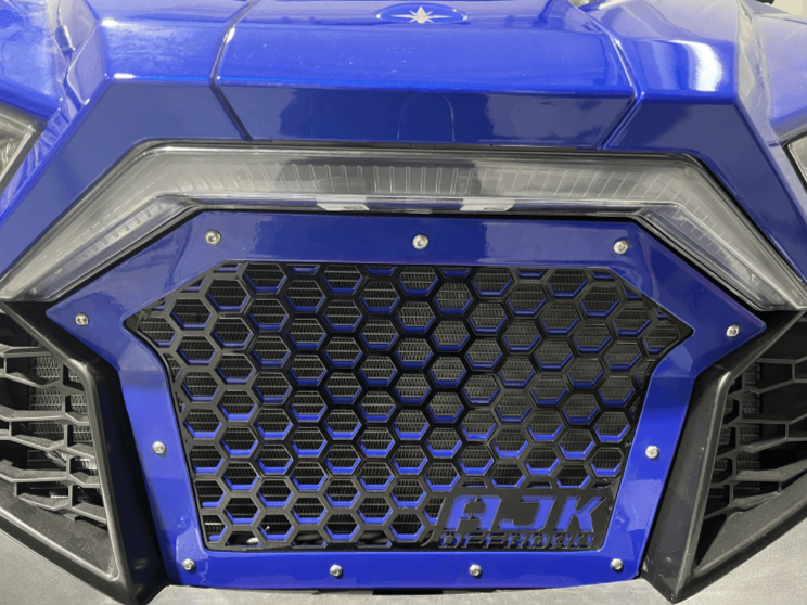 Polaris RZR Grill by AJK Offroad Blue Grill Close Up Installed View