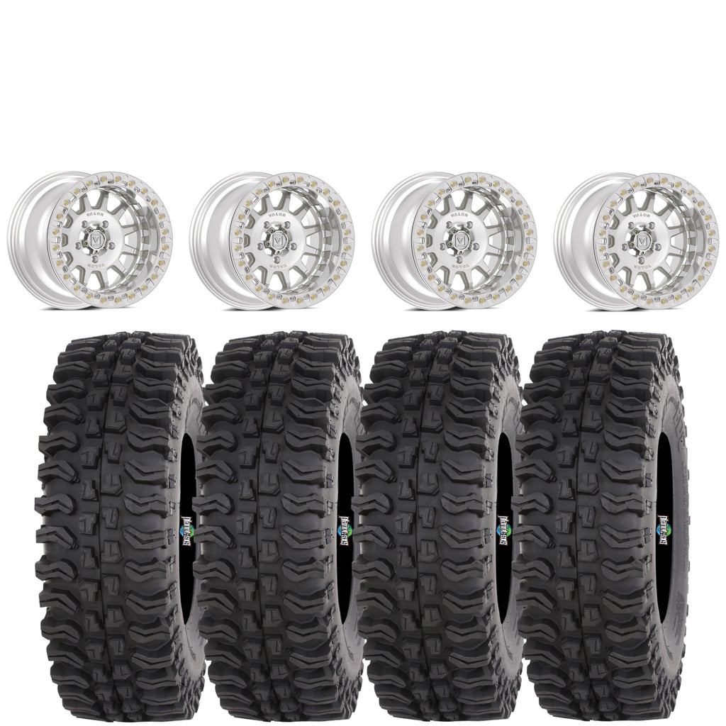 Valor V09 Raw Machined Beadlock 15x10 Mounted on Frontline BDC | 4/137 Bolt Pattern