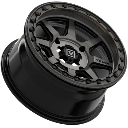 Valor V13 Dark Tint Beadlock Wheels w/ Red Rings + Journey Rock Poison tires (Mounted Kit) – 4/156