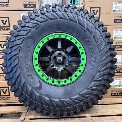 Valor V13 Dark Tint Beadlock Wheels w/ Kawasaki Green Rings + Journey Rock Poison tires (Mounted Kit) – 4/156