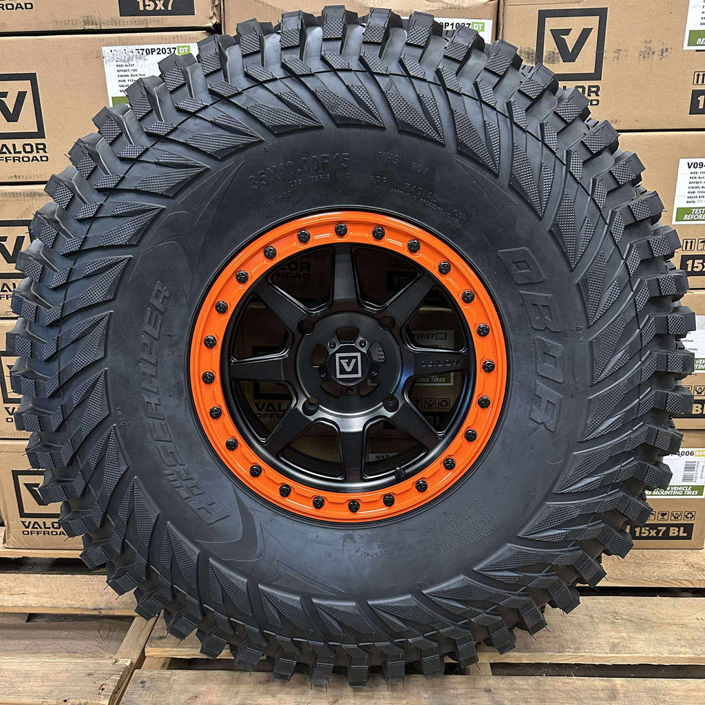 Valor V13 Dark Tint Beadlock Wheels w/ Orange Rings + Obor Roc Scraper Tires (Mounted Kit) – 4/156