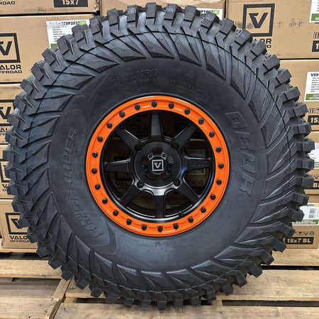 Valor V13 Dark Tint Beadlock Wheels w/ Orange Rings + Journey Rock Poison tires (Mounted Kit) – 4/156