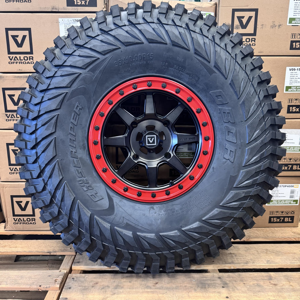 Valor V13 Dark Tint Beadlock Wheels w/ Red Rings + Obor Roc Scraper Tires (Mounted Kit) – 4/156