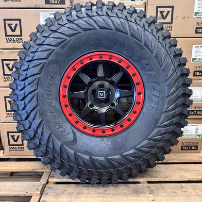 Valor V13 Dark Tint Beadlock Wheels w/ Red Rings + Journey Rock Poison tires (Mounted Kit) – 4/156