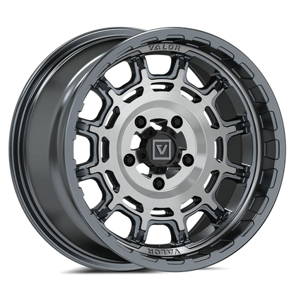 Valor Offroad V17 brushed gunmetal wheel on Maxxis Roxxzilla | 5/4.5