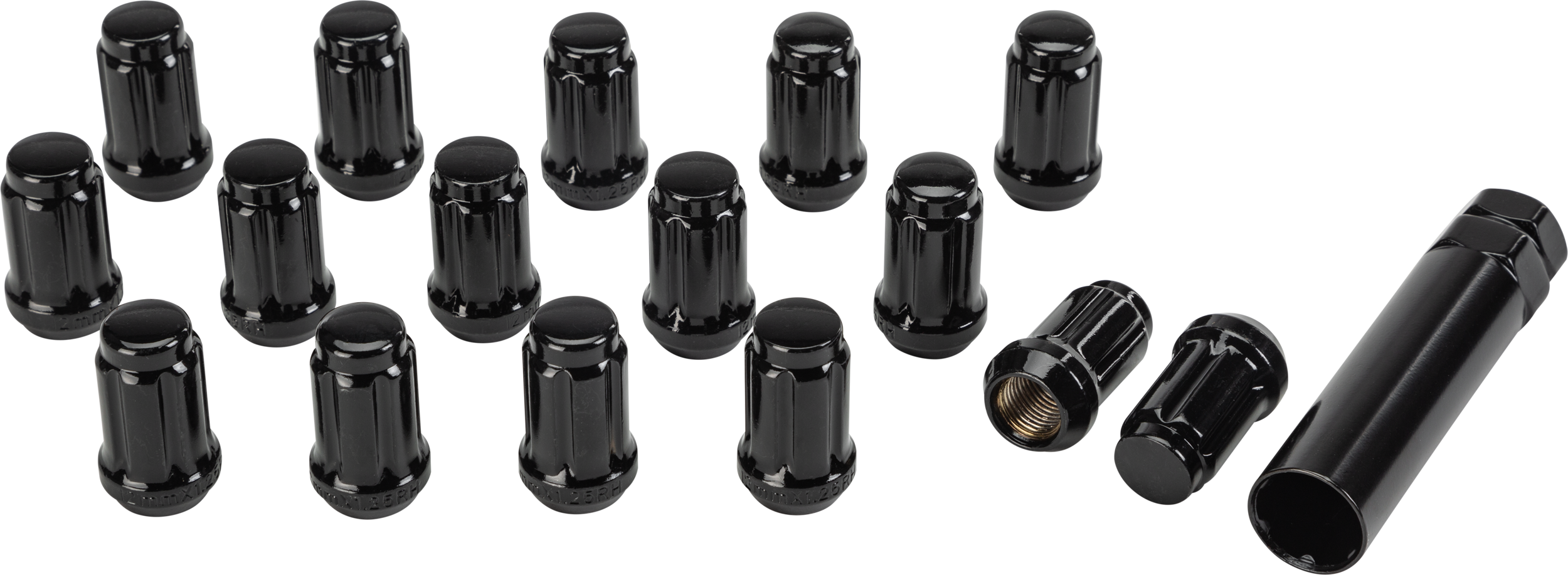 16/Pk 12mmx1.25 Tapered Lug Nuts 60' Splined Black