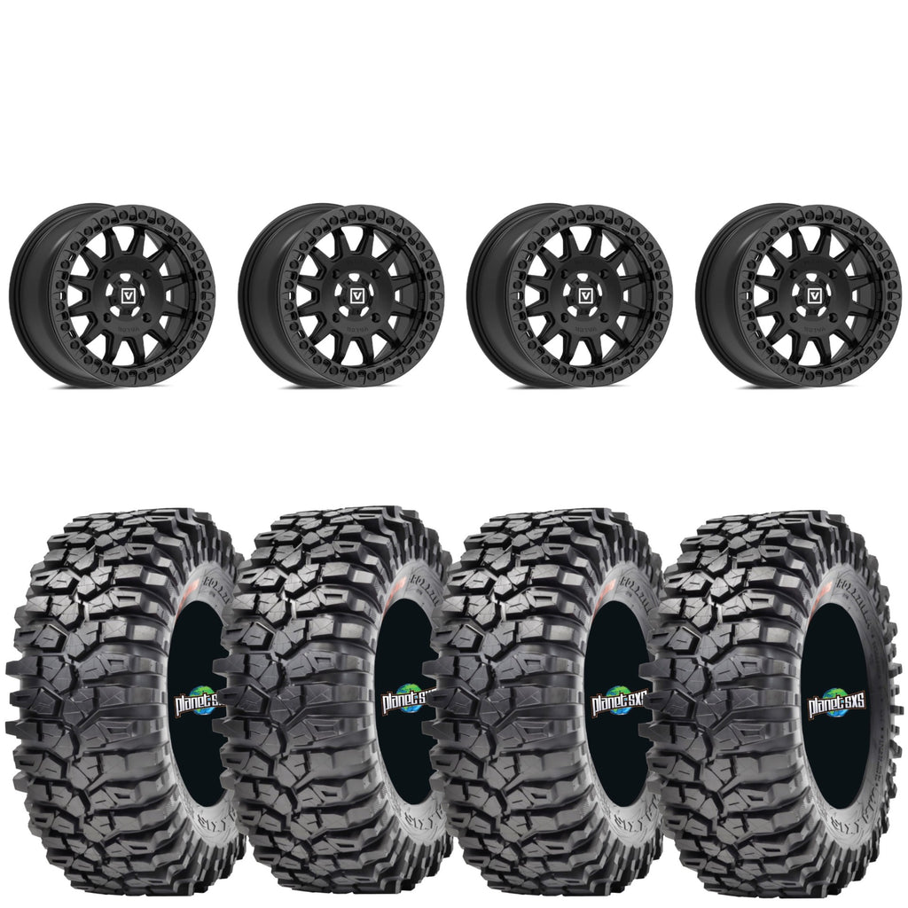 Valor V09 Satin Black Beadlock 15x10 Mounted on Maxxis Roxxzillas | 4/137 Bolt Pattern