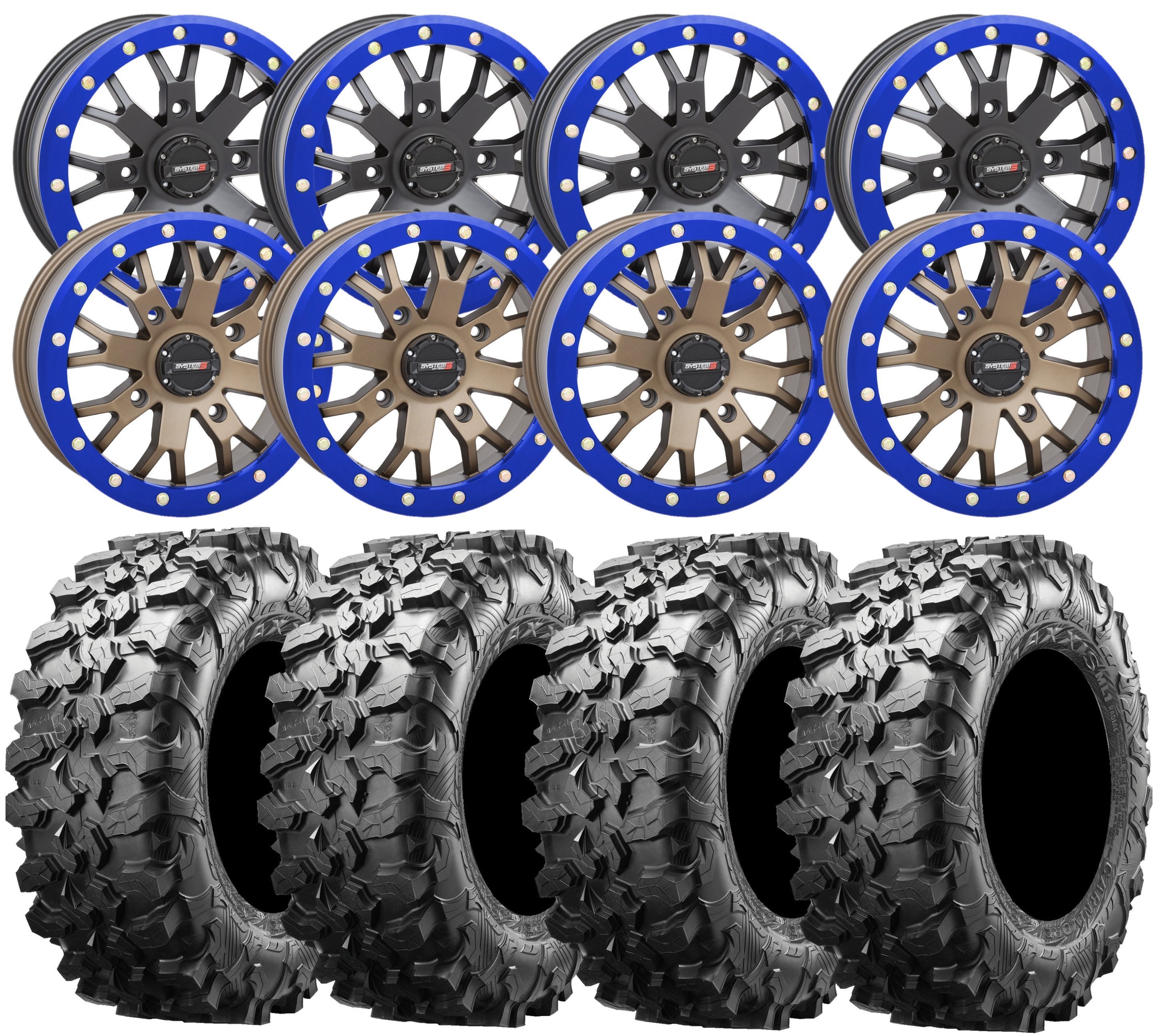 System 3 SB4 and Maxxis Carnivore UTV Wheel and Tire Kit w/ custom Blu