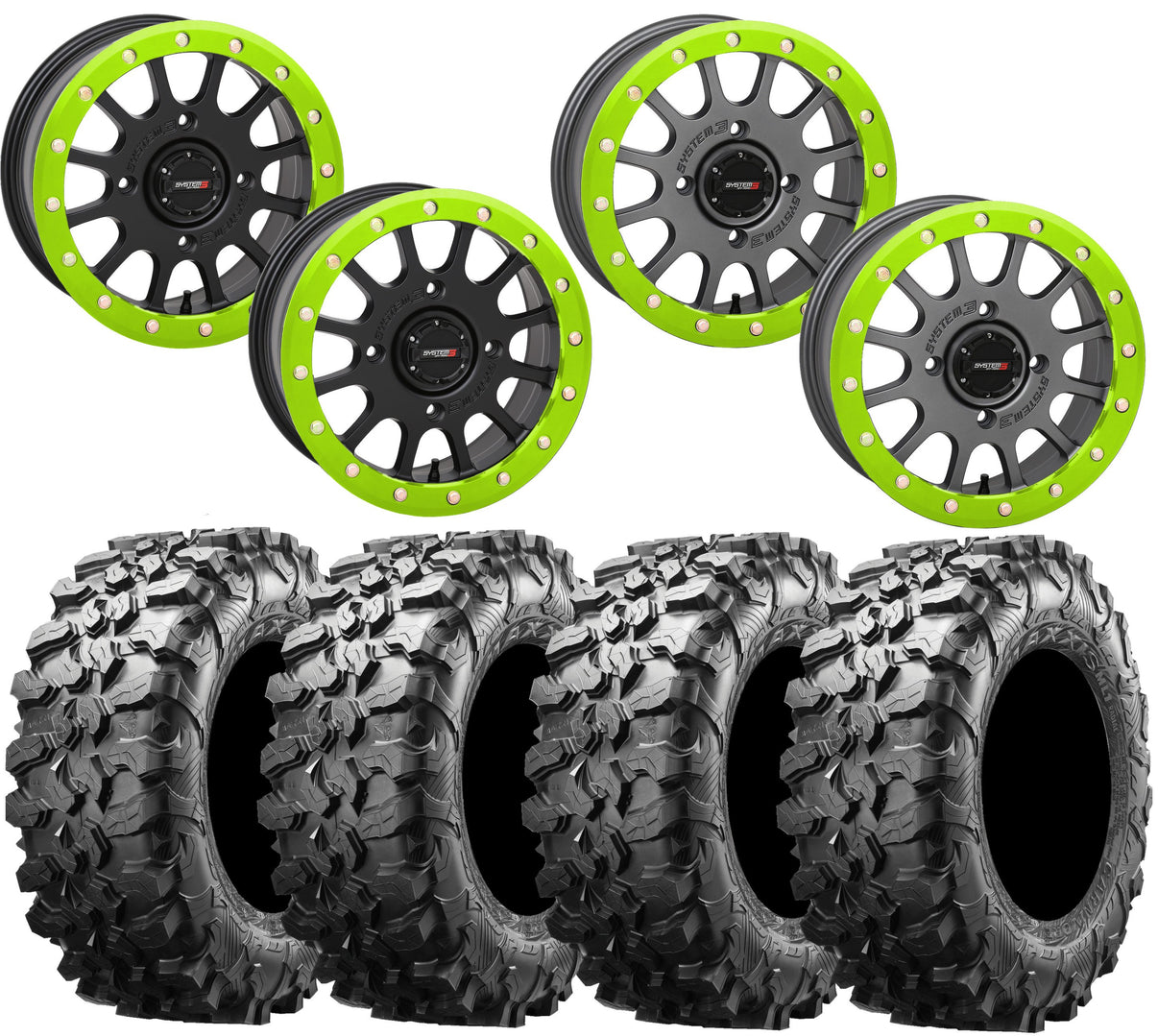 System 3 SB-5 LIME GREEN Beadlock Wheel and Maxxis Carnivore Tire Kit