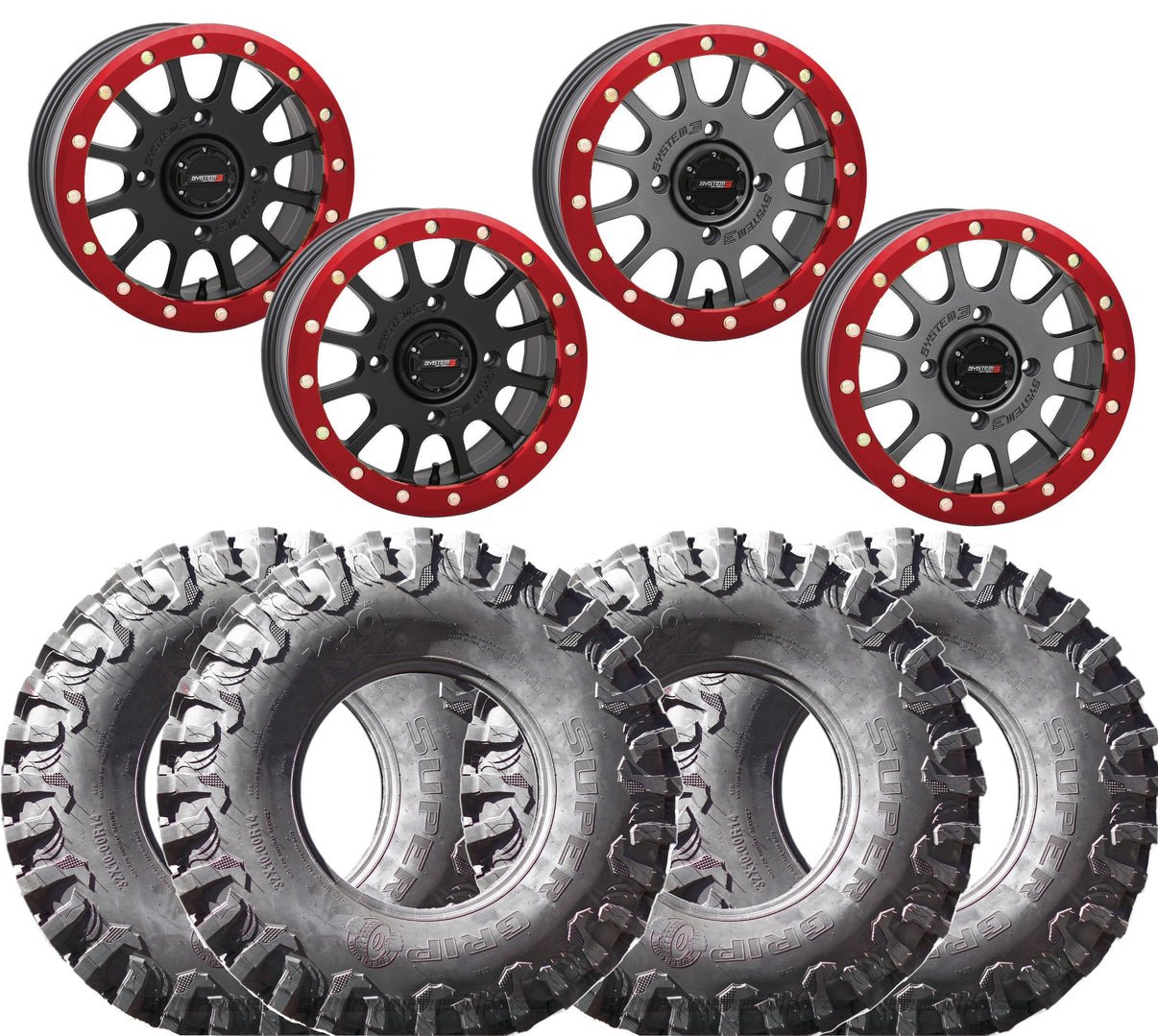 System 3 SB-5 RED Beadlock Wheel and SuperGrip K9 Tire Kit