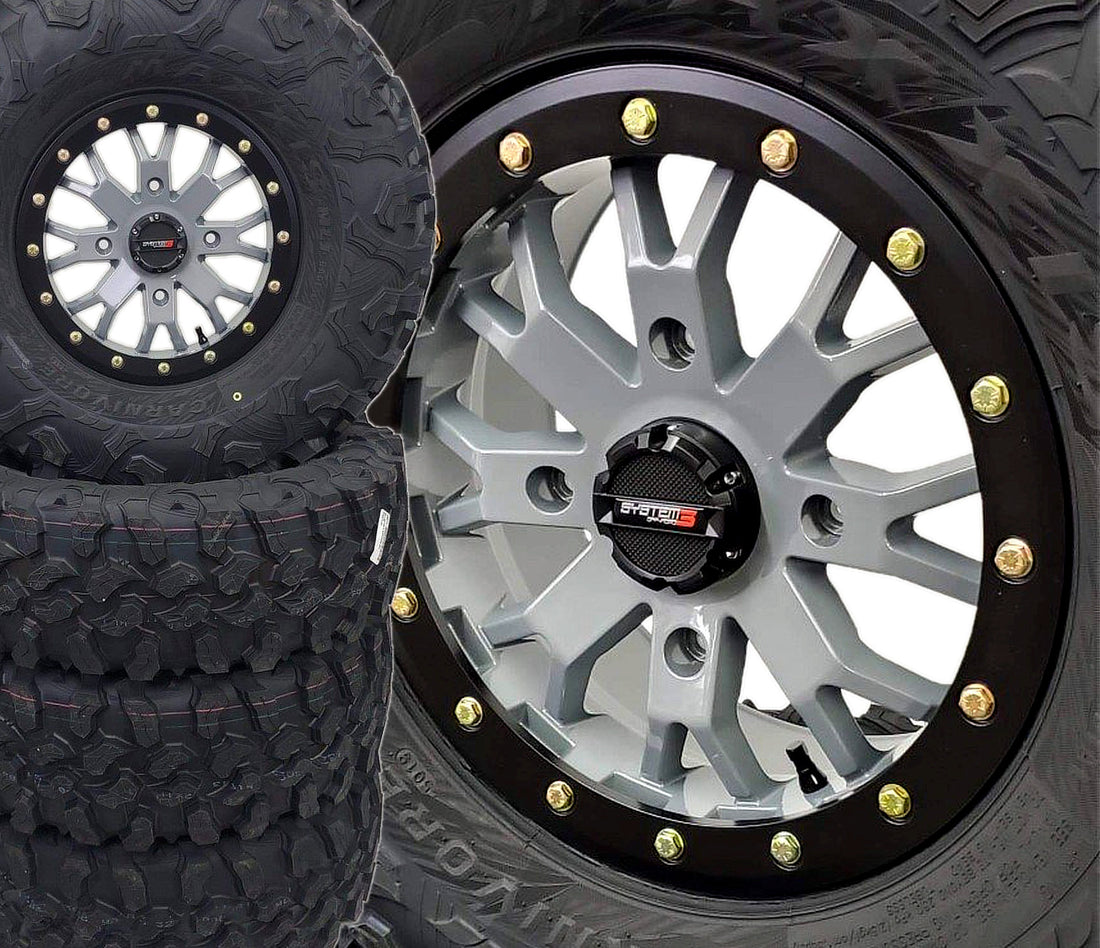 System 3 SB4 and Maxxis Carnivore UTV Wheel and Tire Kit w/ custom Red