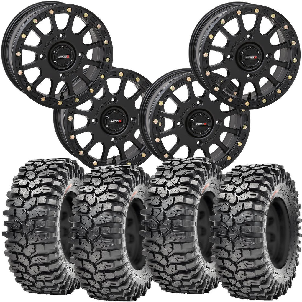 System 3 SB5 Beadlock Wheels Matte Black Mounted on Maxxis Roxxzilla Tires 4/156 Bolt Pattern – UTV Kit | PlanetSXS
