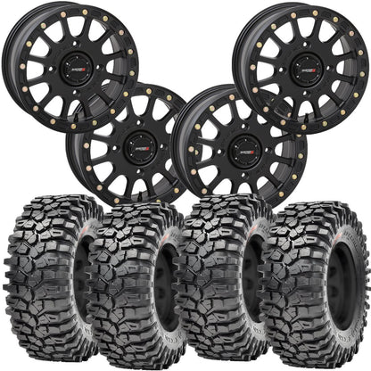 System 3 SB5 Beadlock Wheels Matte Black Mounted on Maxxis Roxxzilla Tires 4/137 Bolt Pattern – UTV Kit | PlanetSXS