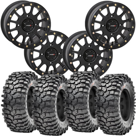 System 3 SB5 Beadlock Wheels Matte Black Mounted on Maxxis Roxxzilla Tires 4/137 Bolt Pattern – UTV Kit | PlanetSXS